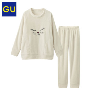 GU 极优 290406 猫脸 软糯珊瑚绒睡衣套装 XL 黑色