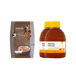 Waitrose 麦片+蜂蜜套装 枫糖和坚果混合什锦早餐麦片 1kg/袋+纯清澈蜂蜜-挤压罐装 2*454g/瓶