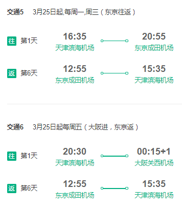 天津直飞日本大阪/东京6天往返含税