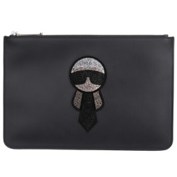 FENDI芬迪 女士黑色牛皮老佛爷图案手拿包 7N