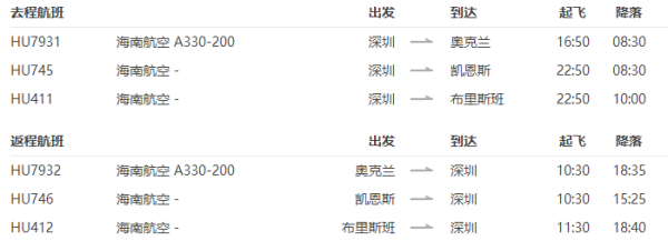 五星海航 深圳-澳大利亚/新西兰5-30天往返含税机票