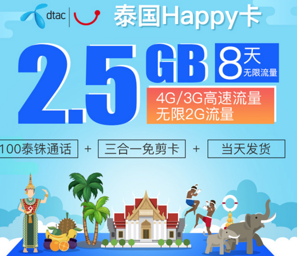 424生活旅行日：泰国happy卡7- 8天电话卡（ 无限流量）