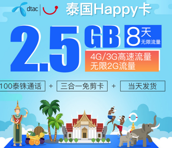 泰国happy卡7- 8天电话卡 4G无限流量