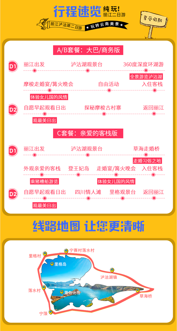 丽江-泸沽湖纯玩2天1晚游 巴士(可升商务车)+品质客栈+环湖