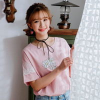 HSTYLE 韩都衣舍 AA10695 纯棉蕾丝印花T恤