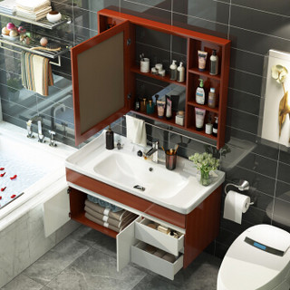 Uniler 联勒 简约卫浴柜镜柜套装组合 柚木红 100厘米 