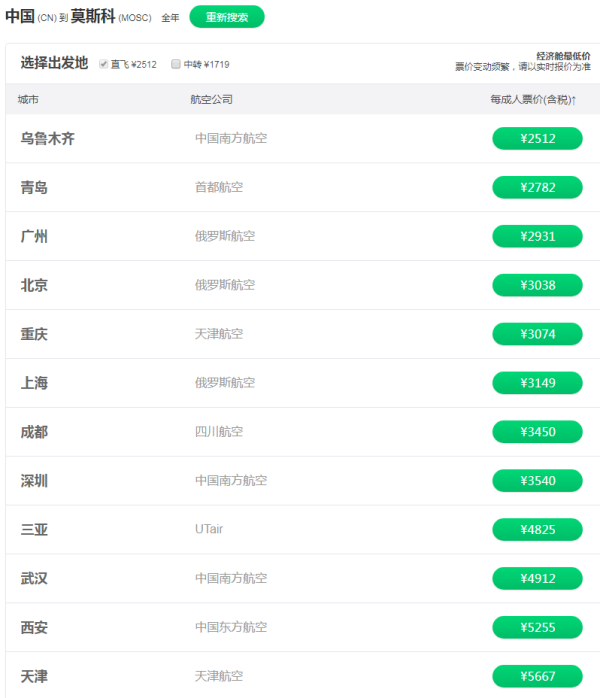 最全的中国-俄罗斯直飞航班清单，都帮你整理好了