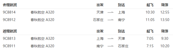 天津/南宁-上海6天往返含税机票