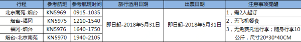 特价机票：北京/烟台-日本福冈往返含税机票 3年签福利