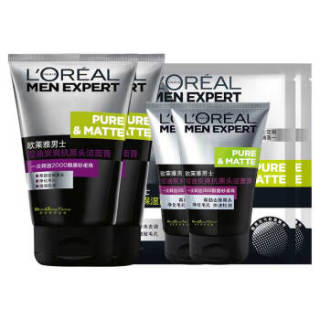 L‘OREAL PARIS 巴黎欧莱雅 男士控油炭爽抗黑头洁面膏(洁面膏100ml*2+洁面50ml*2+面膜单片*2 去黑头洗面奶)