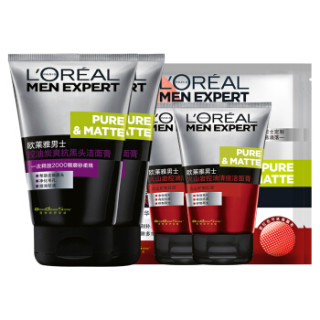 L‘OREAL PARIS 巴黎欧莱雅 男士控油炭爽抗黑头洁面膏(洁面膏100ml*2+洁面50ml*2+面膜单片*2 去黑头洗面奶)