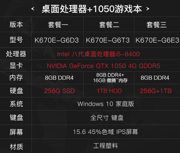 Hasee 神舟 战神K670E-G6D3 15.6英寸游戏本（i5-8400、8GB、256GB、GTX1050 4GB）