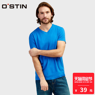 OSTIN MT6S14 男士纯色V领T恤 黑蓝 L 