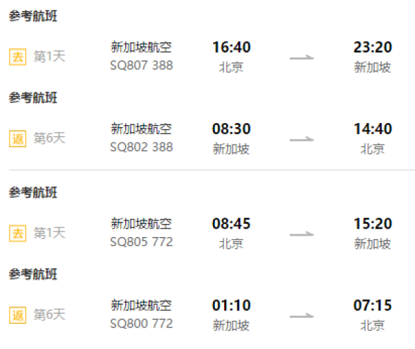 全国多地-新加坡6天往返含税机票