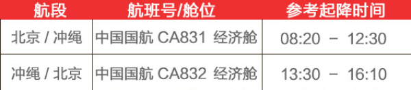 北京-日本冲绳4-5天自由行(国航直飞往返+3-5星酒店可选)