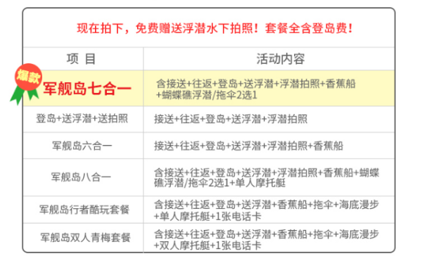 塞班岛军舰岛套餐(浮潜/香蕉船/拖伞/摩托艇/水上飞鱼/海底漫步/环岛)