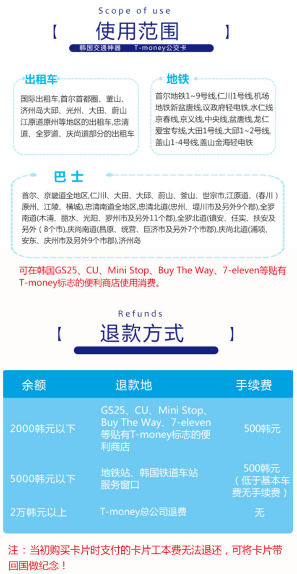韩国t-money交通卡地铁公交通用