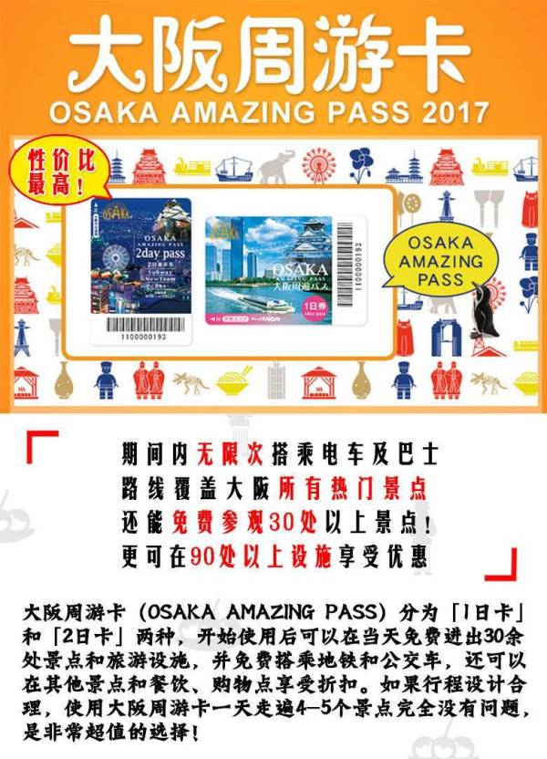 出游必备:日本大阪关西周游卡1-2日券