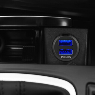 PHILIPS 飞利浦 迷你车载充电器 快充 DLP3520N 车充头点烟器 一拖二双USB 3.1A智能输出 黑色