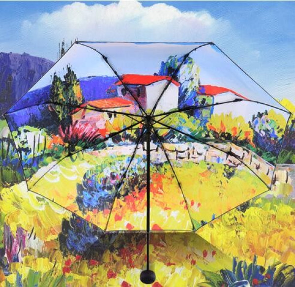 商品天堂伞 31848elcj 全遮光黑胶转印油画 三折晴雨伞