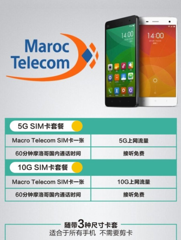 出游必备:摩洛哥全网通制式电话卡(可选5G/10G流量套餐)