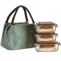 青苹果 玻璃保鲜盒3件套+便当包