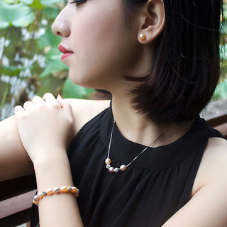 QianXing 千星 米形淡水珍珠项链套装 项链+手链+耳钉