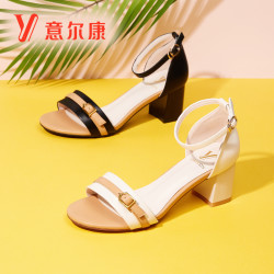意尔康粗跟凉鞋女夏 2018新款高跟鞋时尚一字