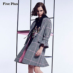 Five Plus2018新款女装春装中长款外套黑白格子宽松羊毛呢大衣潮