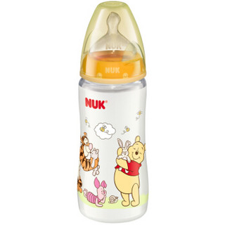 NUK宽口径迪士尼PP奶瓶300ml配防胀气奶嘴（0-6个月硅胶中圆孔奶嘴）橙色（图案随机）【德国进口】