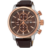SEIKO 精工 Chronograph系列 SNAF52J1 男士休闲石英表 铜色盘棕皮带