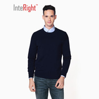 INTERIGHT 全棉净色暗提花圆领男士毛衣针织衫 深蓝 L码