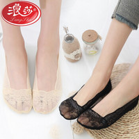 浪莎袜子女蕾丝船袜隐形浅口硅胶防滑短袜子 蕾丝款肤黑各3双 均码