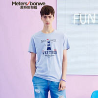 Meters bonwe 美特斯邦威 661426 男士卡通短袖T恤 蓝粉 180/100