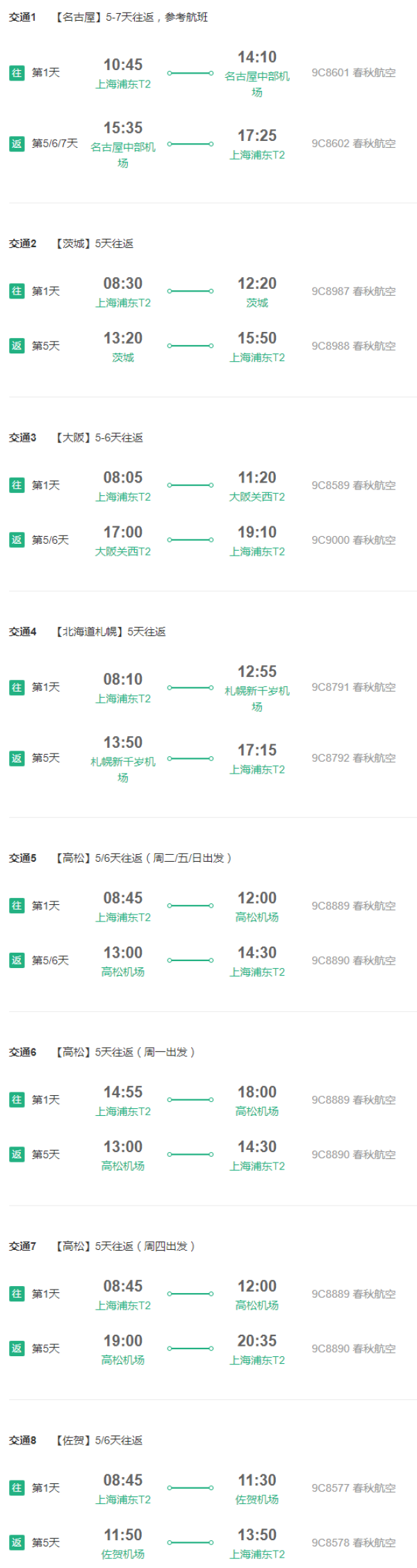 特价机票：非红眼航班！上海直飞大阪/名古屋/北海道/高松/佐贺/茨城5-7天往返含税