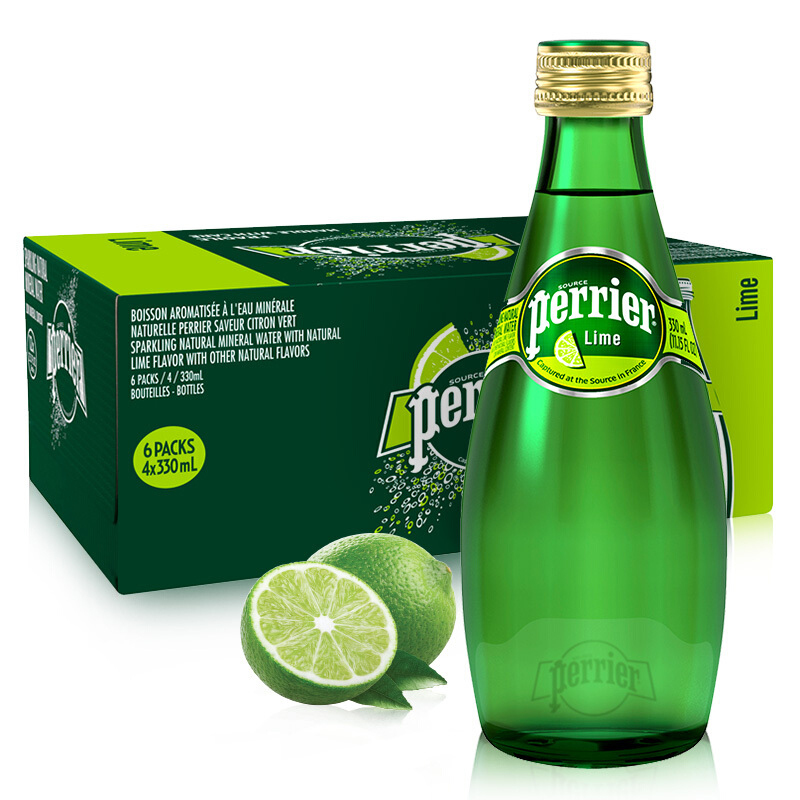 perrier 巴黎水 含气天然矿泉水(青柠味)玻璃瓶装 330ml*24瓶/箱装