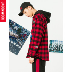 JASONWOOD新款红黑格子衬衫男春季青少年