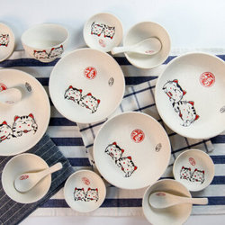 萌可陶瓷手绘碗碟套装福猫釉下彩时尚家用餐具16件套礼盒 *3件