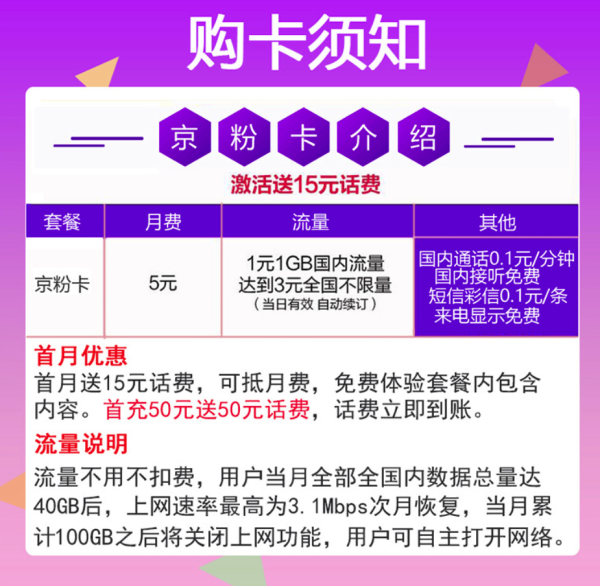 值友专享:中国联通 京粉卡 4G全国流量上网卡