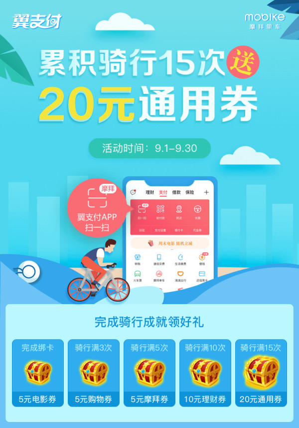 翼支付APP X 摩拜单车 骑单车送优惠券  