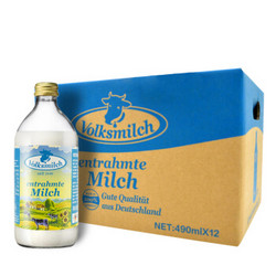 Volksmilch 德质 高品质玻璃瓶装 脱脂纯牛奶 490ml*12瓶/箱