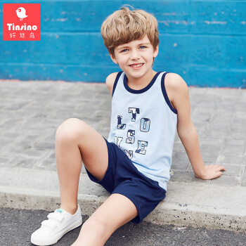 TINSINO 纤丝鸟 THY9121006 儿童背心套装 (彩色字母浅蓝、130、无袖+裤子)