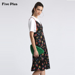 Five Plus2018新款女装雪纺连衣裙吊带修身中长款V领高腰碎花裙