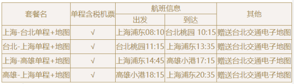 上海-台北/高雄 单程/往返含税机票