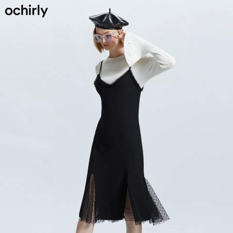 ochirly欧时力2018新女秋装拼接波点网纱吊带连