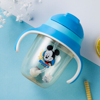 迪士尼（Disney）宝宝学饮杯吸管杯 儿童水杯婴儿防漏背带手柄两用水壶 PPSU蓝色米奇240ml