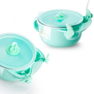 纽因贝 儿童餐具 新生儿宝宝不锈钢注水保温碗 婴儿辅食碗勺(绿色款）3件套