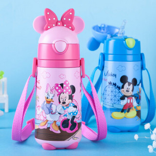 迪士尼（Disney）宝宝吸管杯 儿童保温杯不锈钢婴儿水杯子带背带户外水壶粉色米妮440ml