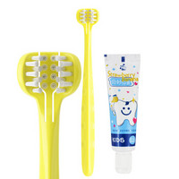 美国MDB软毛婴儿牙刷牙膏套装1-3-6-12岁（三面儿童牙刷*1+无氟牙膏25g*1）黄色