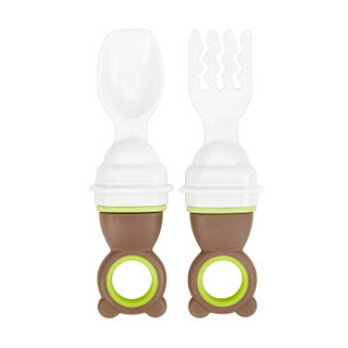 贝适邦 新生儿宝宝餐具婴儿勺子叉子硅胶勺 辅食勺叉2件套装(适合4个月后使用)  绿咖色